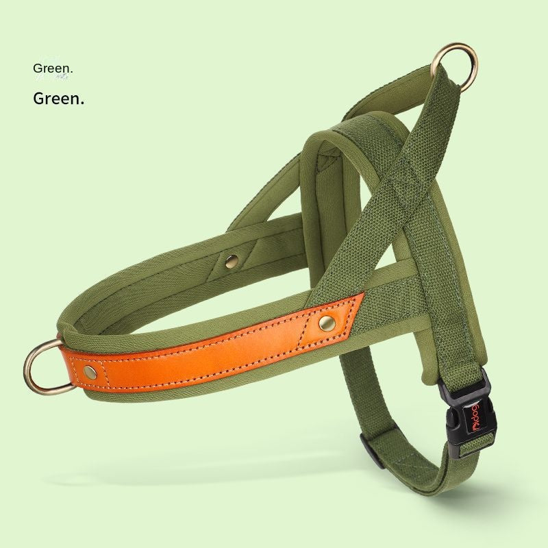 Green Ergonomic Soft-Padded No-Pull Harness - Reflective Anti-Slip Training Vest with durable fabric and secure metal rings designed for comfortable, controlled dog walks.