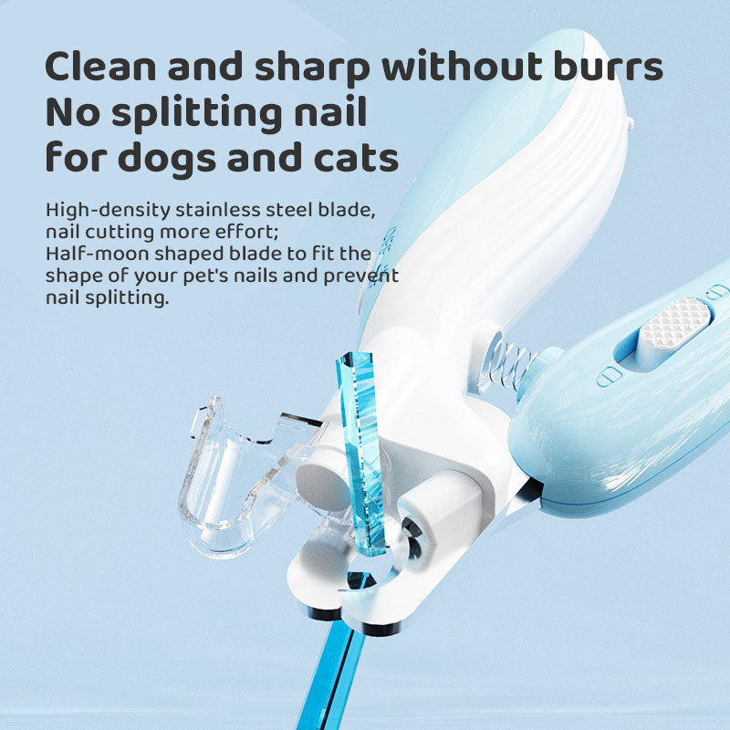 LED Illuminated Dog Nail Clippers - Professional Grooming Trimmer with Safety Guard featuring high-density stainless steel blade and ergonomic design for clean, burr-free nail trimming.