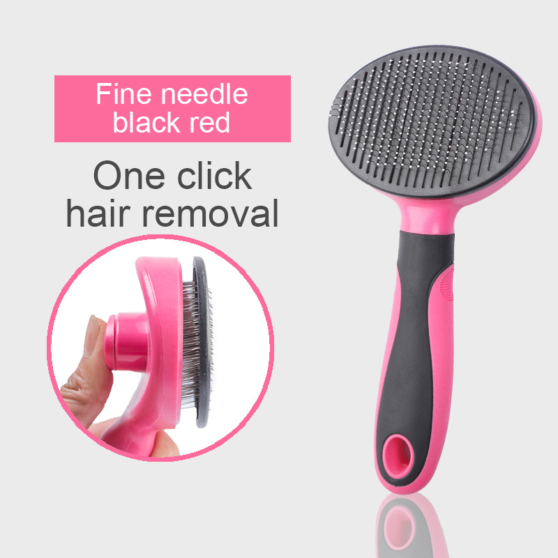 One-Click Self-Cleaning Slicker Brush - Professional Deshedding Tool in pink and black with fine needle bristles designed for easy one-click hair removal during pet grooming.