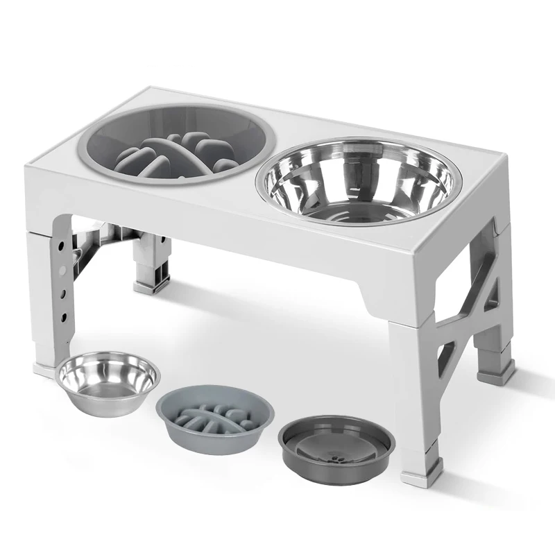 Adjustable Elevated Slow Feeding Station - Orthopedic Raised Stand with Anti-Choke Bowl featuring stainless steel bowls and removable slow feeder inserts for improved pet digestion and comfort.