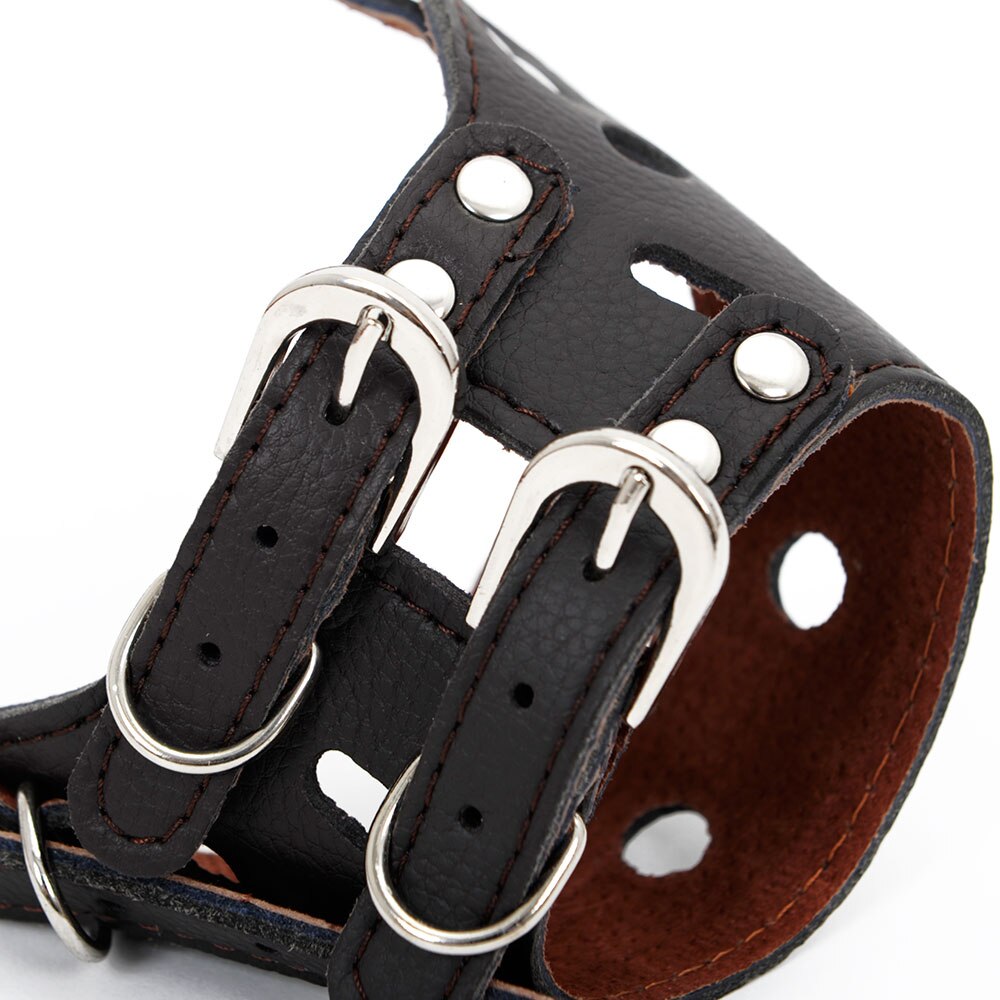 Close-up view of the Professional Adjustable Basket Muzzle - Breathable Anti-Bite Security Shield showing black leather straps with metal buckles and ventilation holes, designed for secure, comfortable wear.