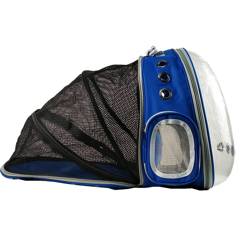 Side view of a blue and black Panoramic Expandable Space Capsule - Premium Pet Travel Backpack with a transparent dome front and mesh expandable ventilation area for pet comfort and visibility.