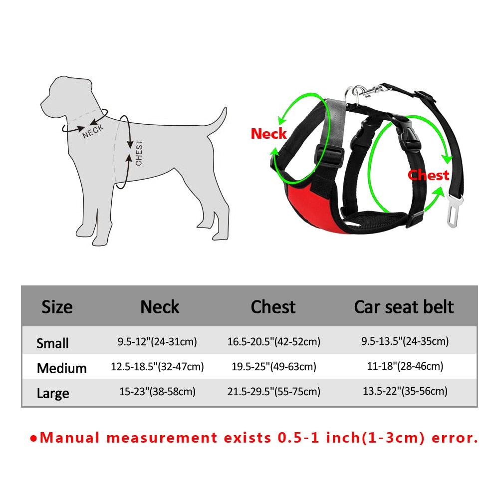 Diagram showing how to measure a dog's neck and chest for the 2-in-1 Dog Car Safety System - Breathable Mesh Harness & Adjustable Seatbelt Lead - No-Choke Vehicle Restraint with a size chart listing small, medium, and large measurements for neck, chest, and car seat belt lengths.
