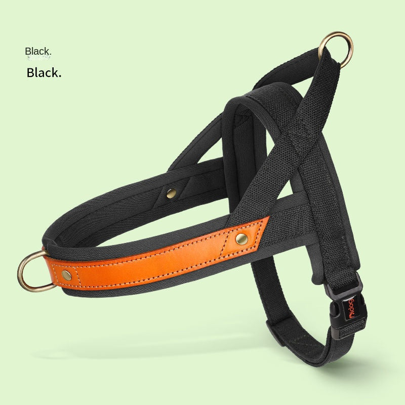 Black Ergonomic Soft-Padded No-Pull Harness - Reflective Anti-Slip Training Vest featuring durable black fabric with an orange leather accent and sturdy metal rings for control.