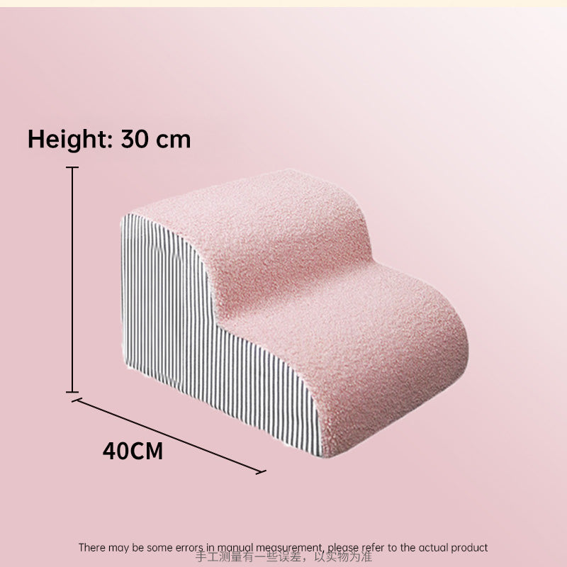 Orthopedic Curved Dog Ramp - High-Density Foam Pet Stairs for Small & Senior Pets - IVDD Safe in pink with striped sides, measuring 30 cm high and 40 cm long on a light pink background.