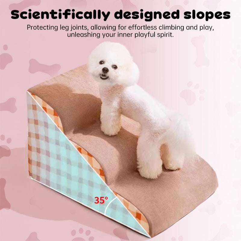 Small white dog standing on a beige Orthopedic Curved Dog Ramp - High-Density Foam Pet Stairs for Small & Senior Pets - IVDD Safe with a 35-degree slope designed to protect leg joints.