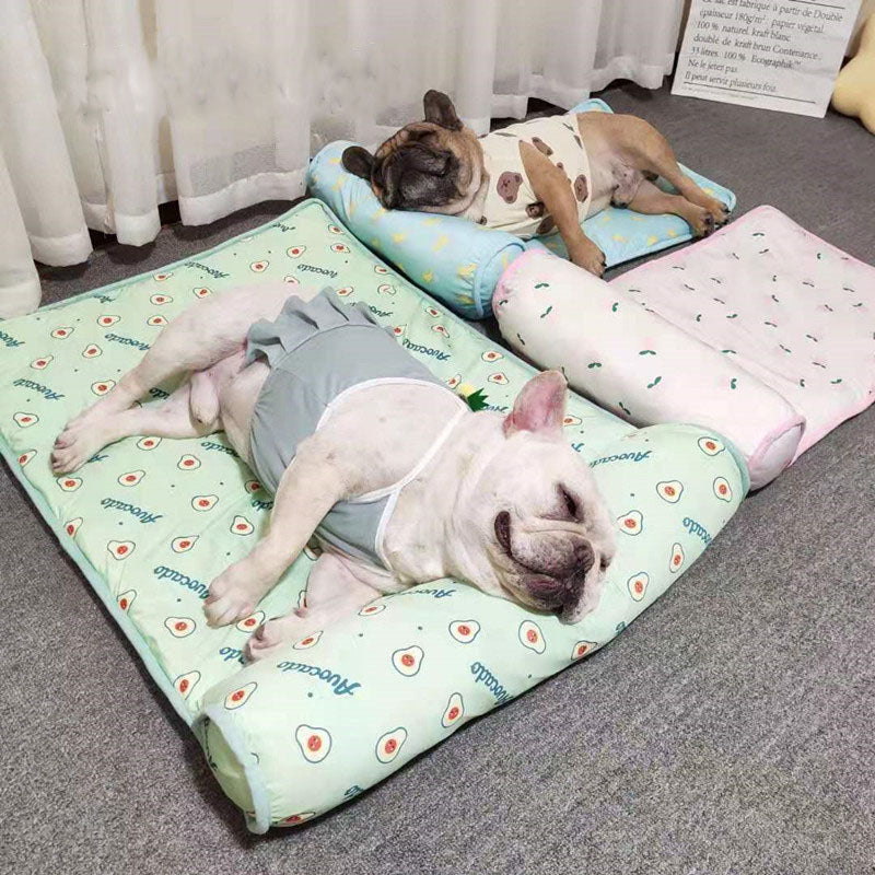 Two dogs comfortably resting on Boutique Ice-Silk Cooling Mat - Patterned Heatstroke Prevention Sleeping Bed, featuring soft pastel colors and gentle patterns for optimal cooling and relaxation.