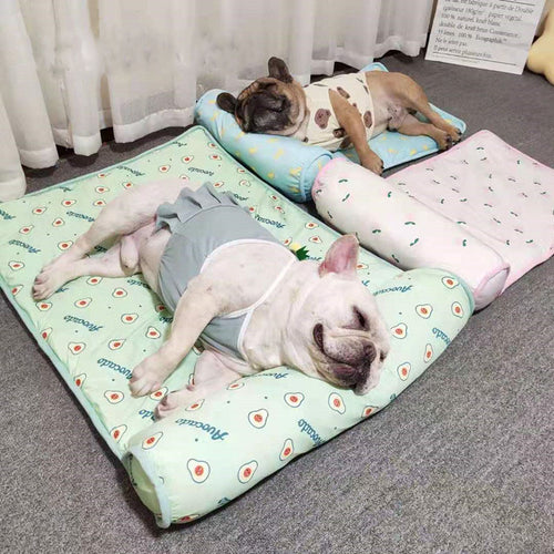 Two dogs comfortably resting on Boutique Ice-Silk Cooling Mat - Patterned Heatstroke Prevention Sleeping Bed, featuring soft pastel colors and gentle patterns for optimal cooling and relaxation.