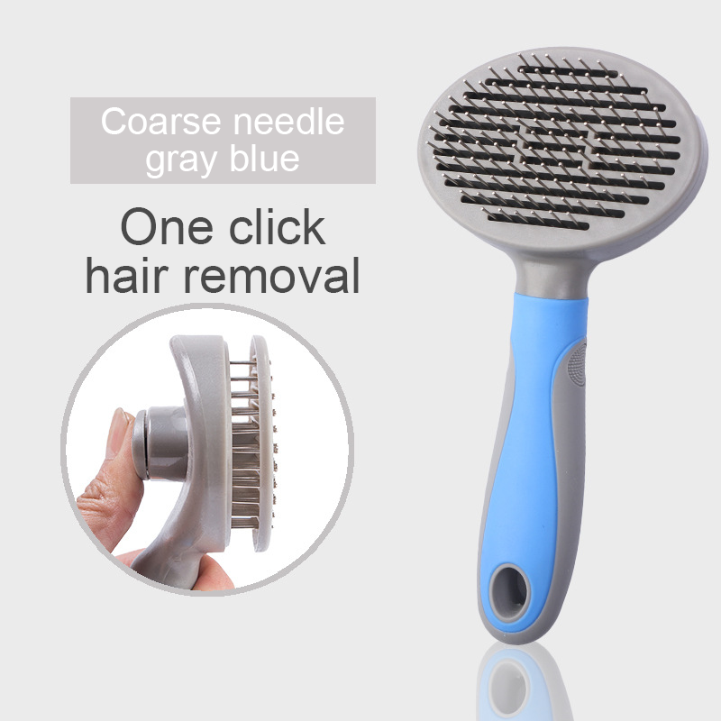 One-Click Self-Cleaning Slicker Brush - Professional Deshedding Tool with coarse gray-blue handle and fine needles designed for easy one-click hair removal from pets.
