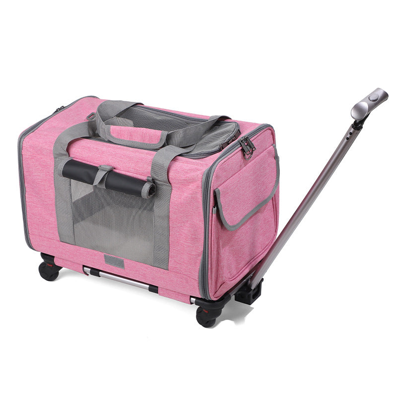 Elite Rolling Travel Trolley - Convertible 3-in-1 Professional Pet Case in pink with gray trim, featuring wheels, extendable handle, mesh ventilation, and side pocket for pet travel convenience.