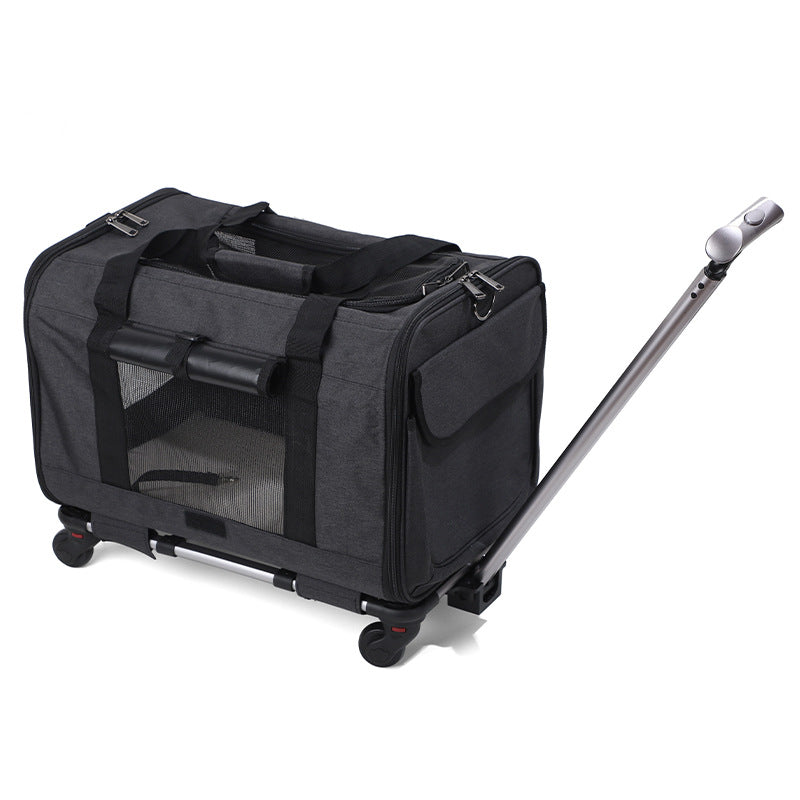 Elite Rolling Travel Trolley - Convertible 3-in-1 Professional Pet Case in dark fabric with mesh ventilation, ergonomic handle, and smooth rolling wheels for easy pet transport.