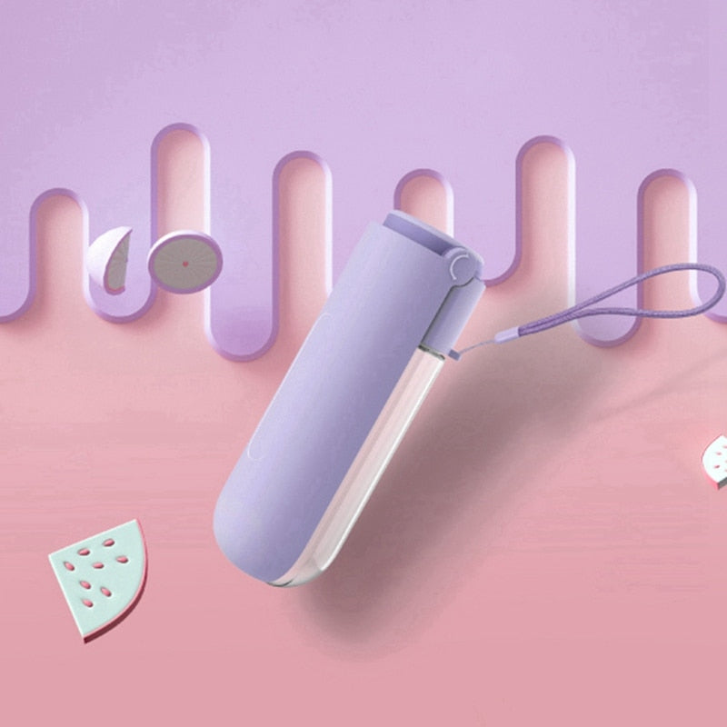 Professional Slim Leakproof Travel Flask - 420ml High-Capacity Water Feeder in soft lavender with a sleek design and wrist strap, perfect for on-the-go hydration.