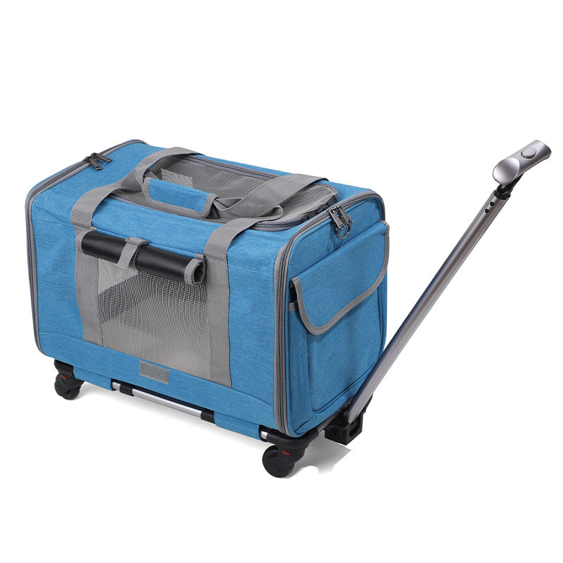Elite Rolling Travel Trolley - Convertible 3-in-1 Professional Pet Case in blue with gray trim, featuring mesh ventilation, sturdy wheels, extendable handle, and side pockets for easy travel.