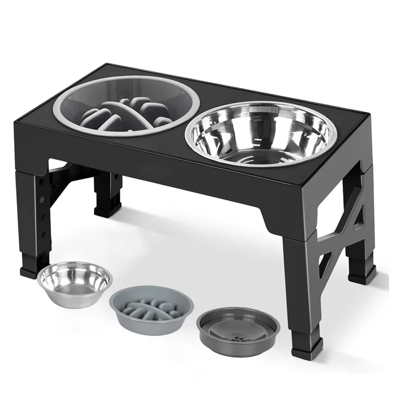 Adjustable Elevated Slow Feeding Station - Orthopedic Raised Stand with Anti-Choke Bowl featuring two stainless steel bowls, one with slow feed insert, and adjustable black legs for ergonomic pet feeding.