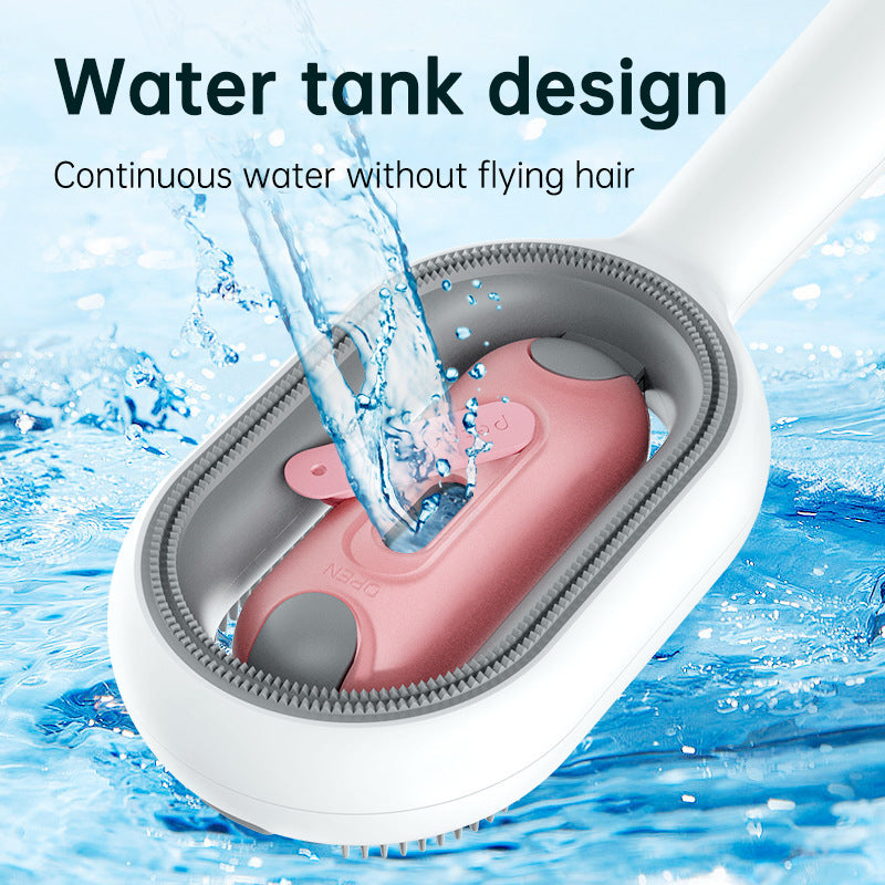 Close-up of the 2-in-1 Water Tank Grooming Rake - Advanced Wet-Cleaning Deshedding Brush showing water pouring into its built-in water tank for continuous wet cleaning without loose hair flying.