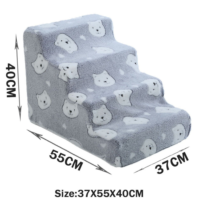 Tiered High-Density Foam Pet Stairs - Nonslip Pet Steps for High Beds & Sofas - Easy-Access Joint Support with soft gray cover featuring white bear faces and dimensions 37x55x40 cm.