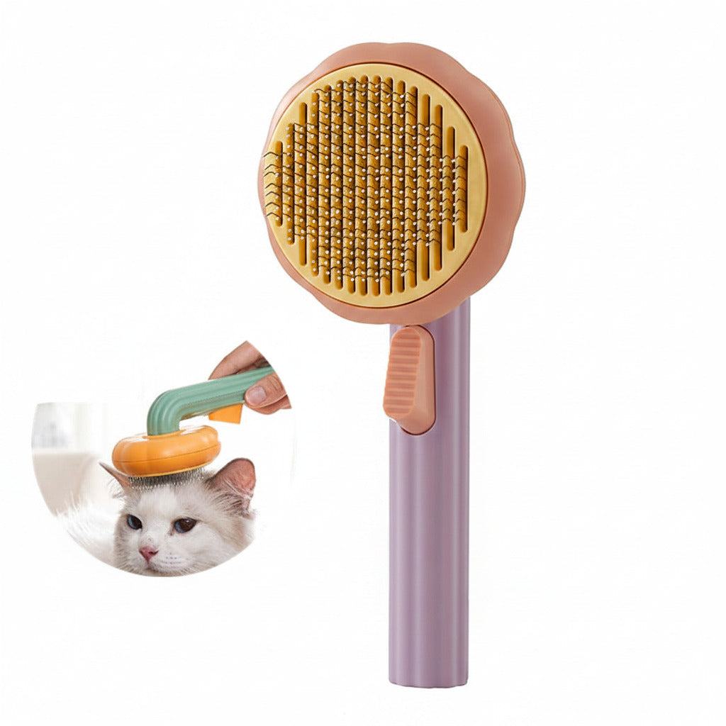 Boutique Pumpkin Self-Cleaning Brush - Aesthetic Grooming & Deshedding Comb shown in pastel colors with ergonomic handle and self-cleaning button, designed for gentle pet grooming.