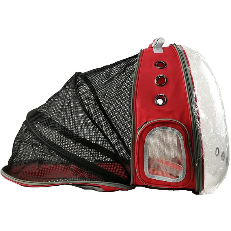 Panoramic Expandable Space Capsule - Premium Pet Travel Backpack featuring a red frame, transparent front bubble window, and black expandable mesh for ventilation and comfort during travel.