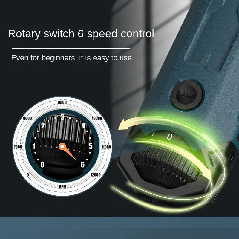 Close-up of rotary switch with six speed settings and lamp button on the Elite Dual-Light Electric Pet Nail Grinder - High-Speed Precision Grooming Station, designed for easy use by beginners.