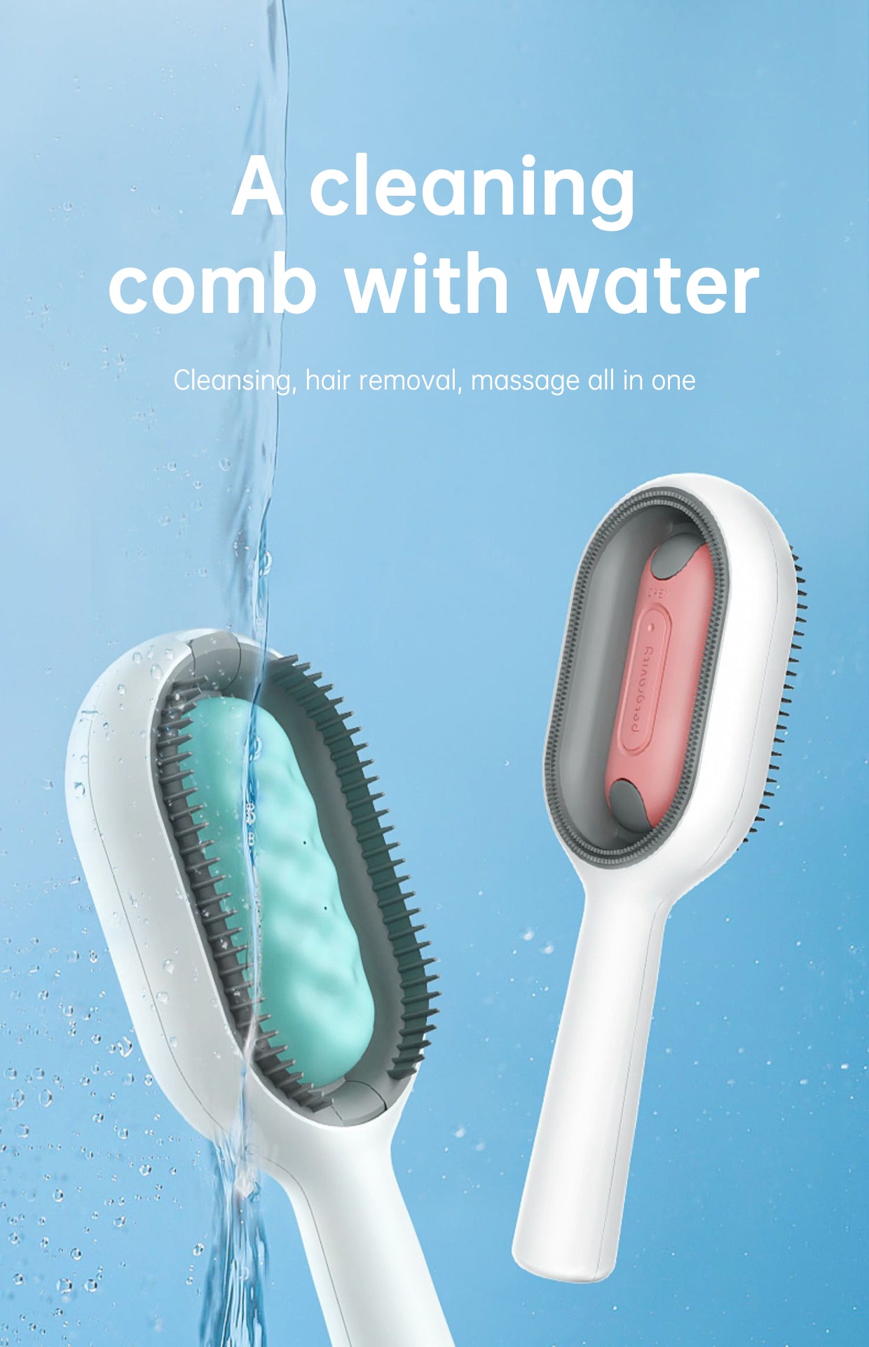 2-in-1 Water Tank Grooming Rake - Advanced Wet-Cleaning Deshedding Brush shown with water flowing, highlighting its cleaning, hair removal, and massage features in a sleek white and pink design.
