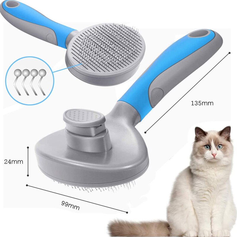 One-Click Self-Cleaning Slicker Brush - Professional Deshedding Tool with ergonomic blue and gray handle, fine metal bristles for pet grooming, shown with a fluffy cat.