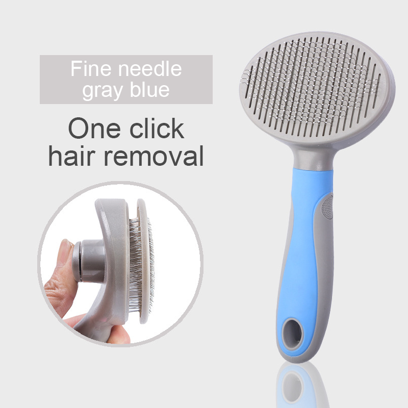One-Click Self-Cleaning Slicker Brush - Professional Deshedding Tool in fine needle gray and blue with ergonomic handle and one-click hair removal feature for easy pet grooming.