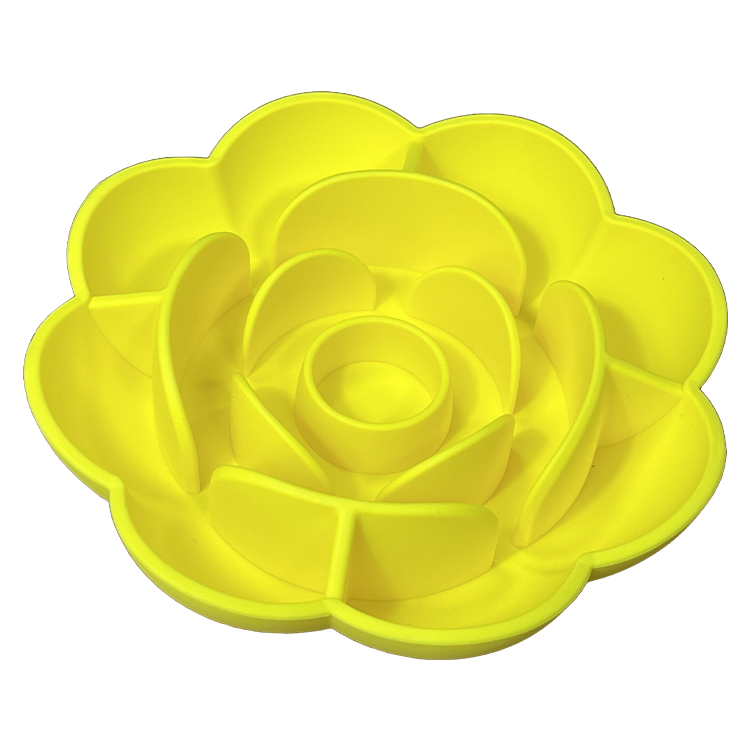Bright yellow Silicone Flower Lick Bowl - Soothing Slow Feeder & Anxiety Relief Mat designed to help pets eat slower and reduce stress with its flower-shaped slow feeder pattern.
