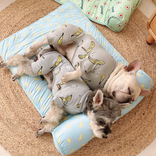 Two small dogs wearing matching banana-patterned pajamas resting comfortably on a light blue Boutique Ice-Silk Cooling Mat - Patterned Heatstroke Prevention Sleeping Bed placed on a woven round rug.