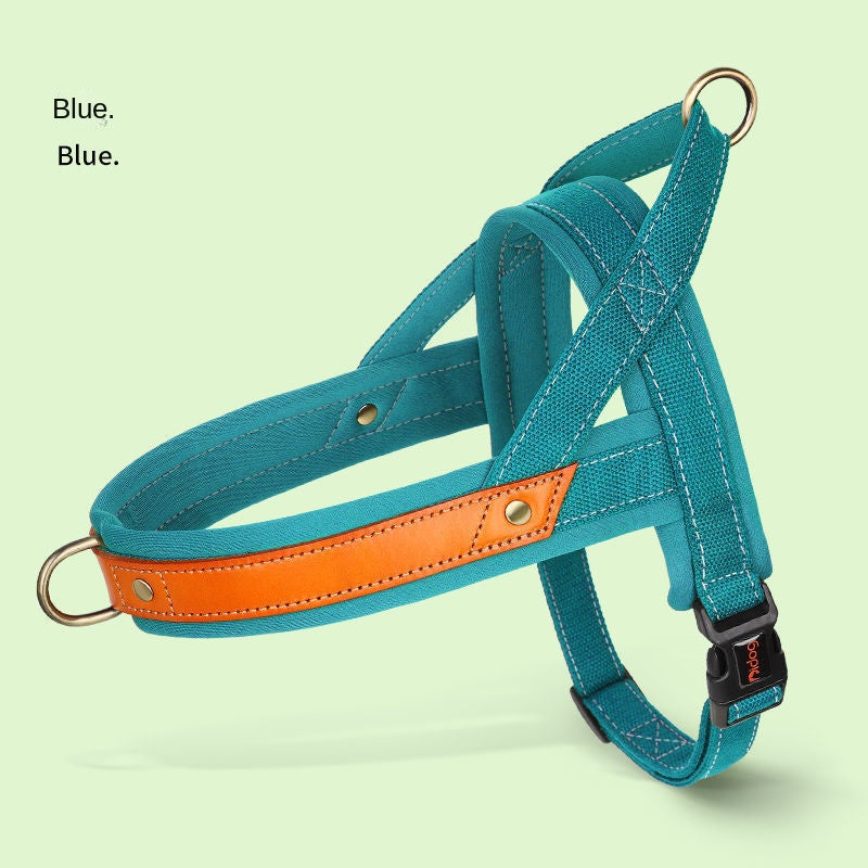 Ergonomic Soft-Padded No-Pull Harness - Reflective Anti-Slip Training Vest in blue with orange accent, designed for comfortable and secure pet control during walks.