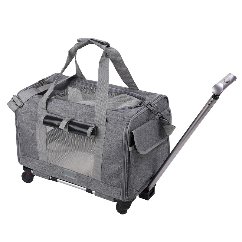 Elite Rolling Travel Trolley - Convertible 3-in-1 Professional Pet Case in gray fabric with mesh sides, wheels, and extendable handle for easy transport of pets during travel.