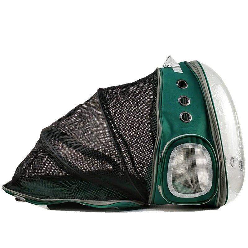 Side view of the Panoramic Expandable Space Capsule - Premium Pet Travel Backpack featuring a transparent dome front, expandable black mesh sides for ventilation, and a green durable exterior with multiple air holes.