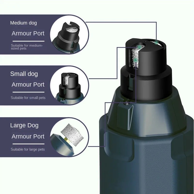 Close-up view of the Elite Dual-Light Electric Pet Nail Grinder - High-Speed Precision Grooming Station showing three interchangeable armour ports designed for medium, small, and large dogs.