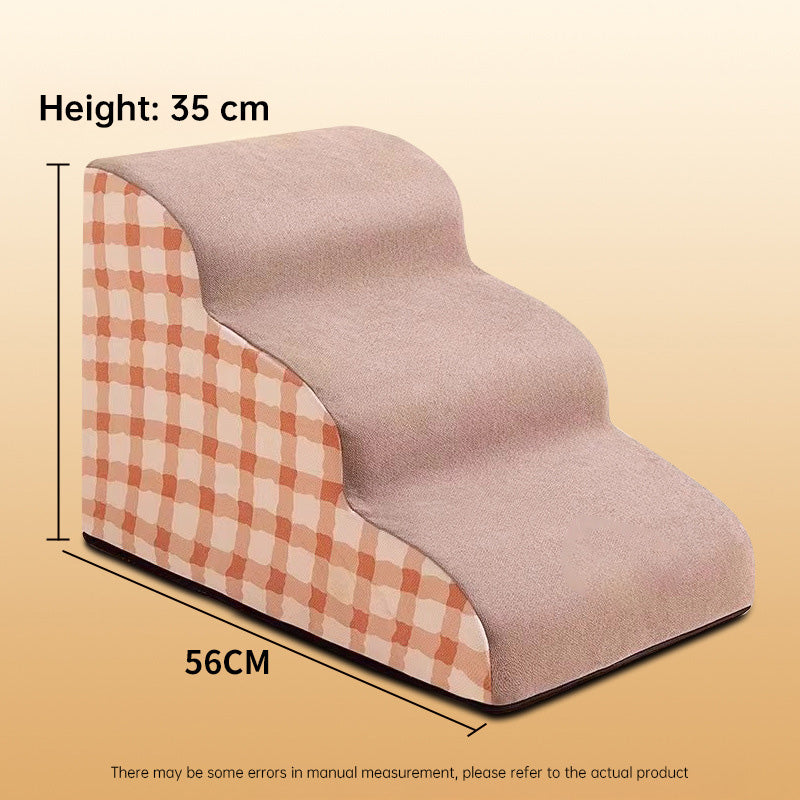 Orthopedic Curved Dog Ramp - High-Density Foam Pet Stairs for Small & Senior Pets - IVDD Safe, featuring a soft fabric cover and gentle stepped design measuring 35 cm height by 56 cm length.