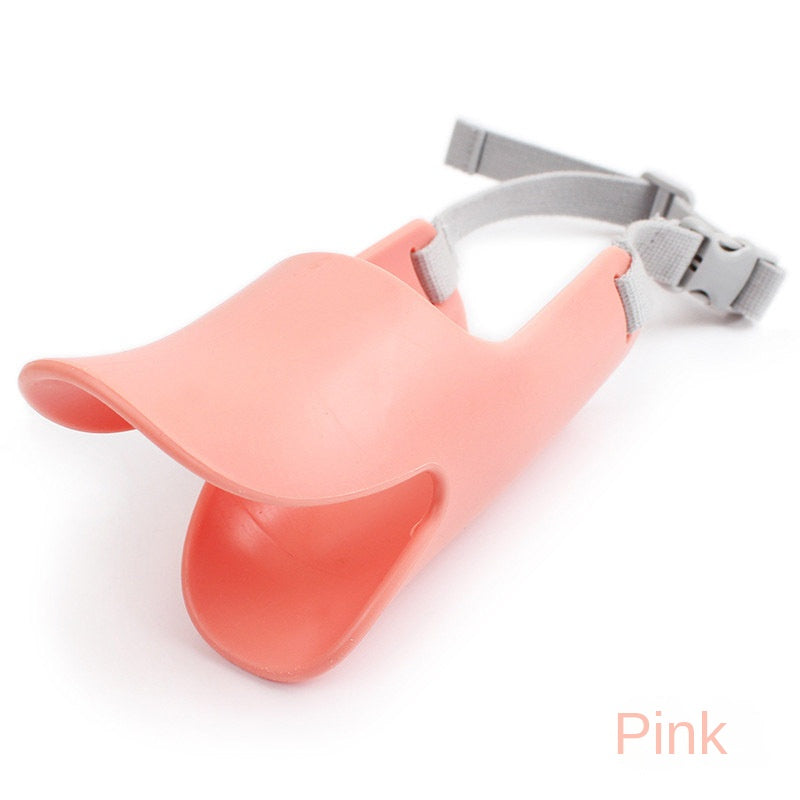 Soft Silicone Duckbill Muzzle - Humane Anti-Bark & Anti-Bite Training Mask in pink with adjustable gray straps for comfortable, effective pet training and behavior control.