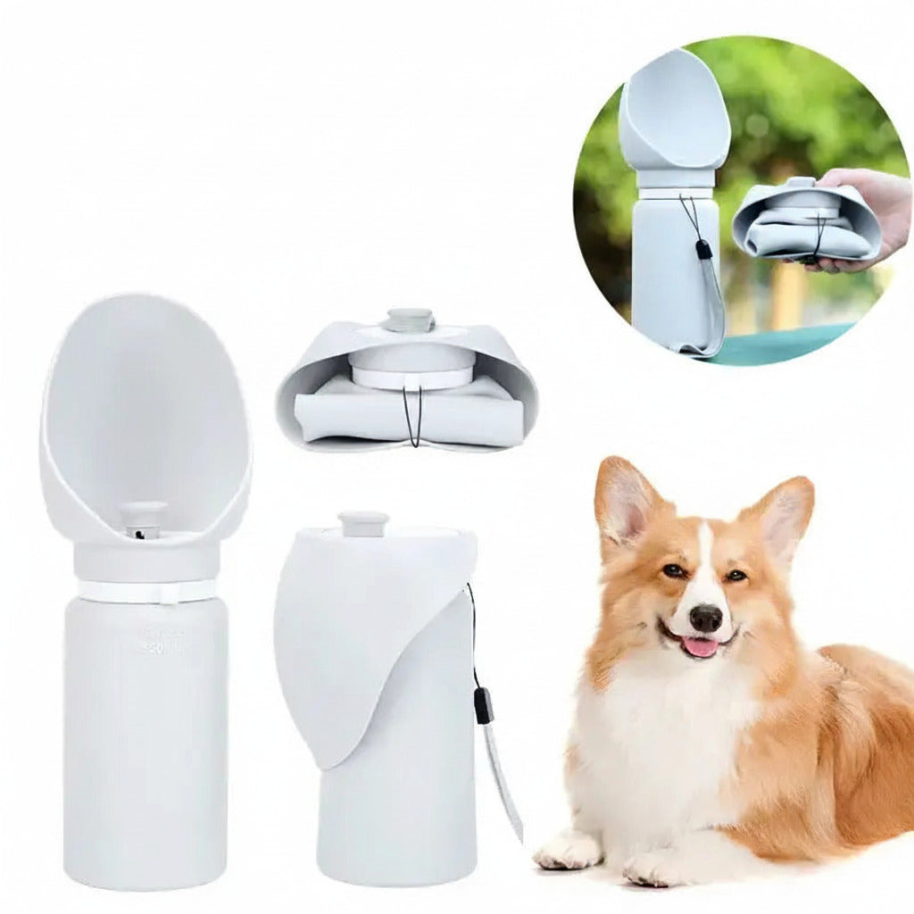Soft Silicone Ultra-Compact Dispenser – 550ml Lightweight Minimalist Travel Bottle shown open and folded, designed for easy portable hydration with a happy corgi dog nearby.