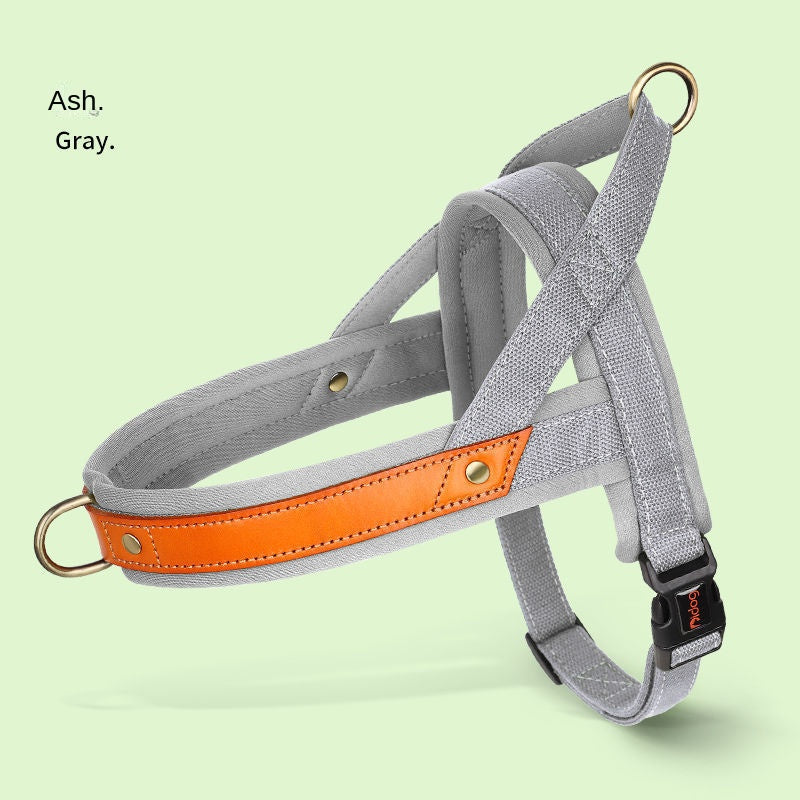 Ergonomic Soft-Padded No-Pull Harness - Reflective Anti-Slip Training Vest in ash gray with padded straps and durable leather accents designed for comfort and control during walks.