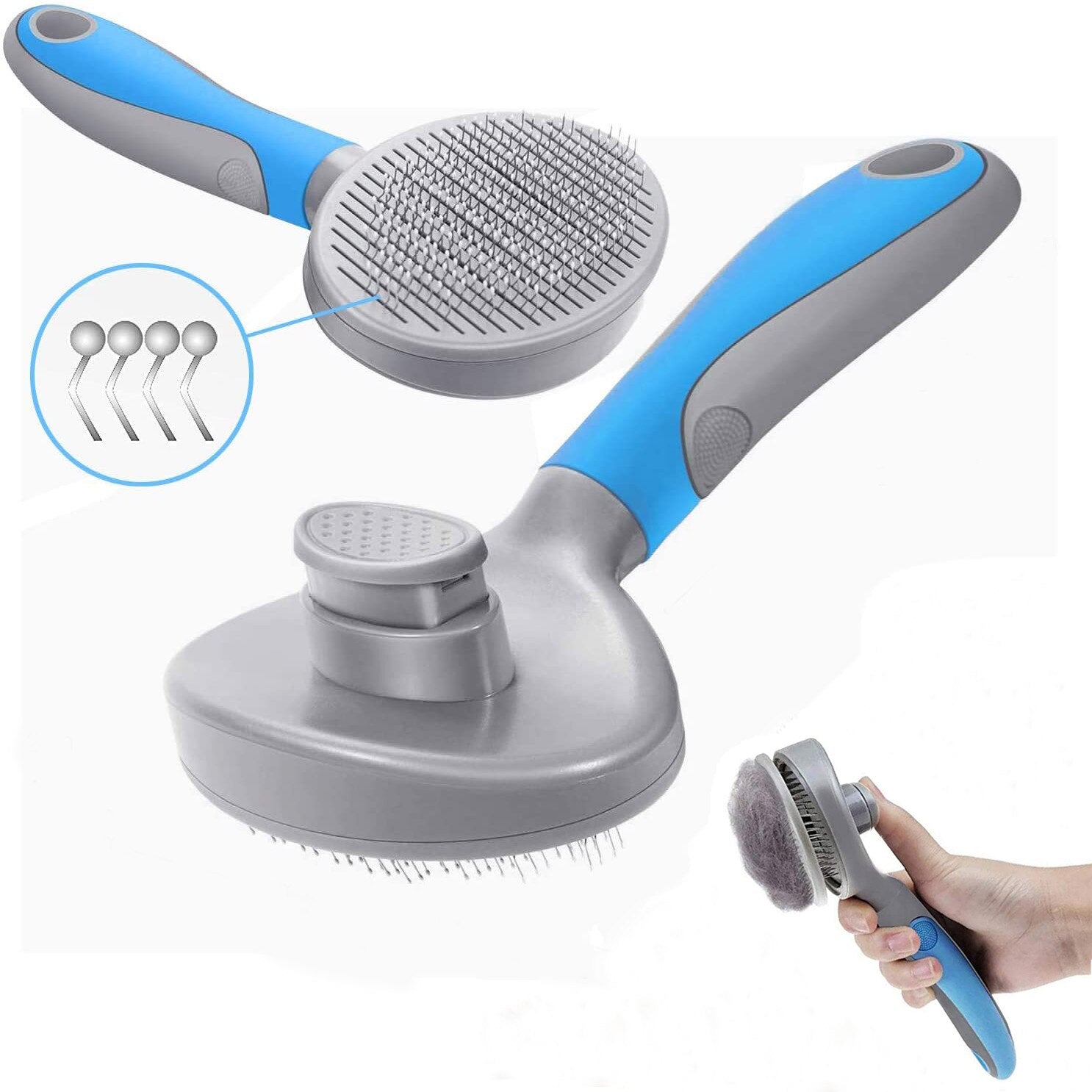 One-Click Self-Cleaning Slicker Brush - Professional Deshedding Tool with ergonomic blue and gray handle, featuring fine metal bristles and a button for easy fur removal from the brush.