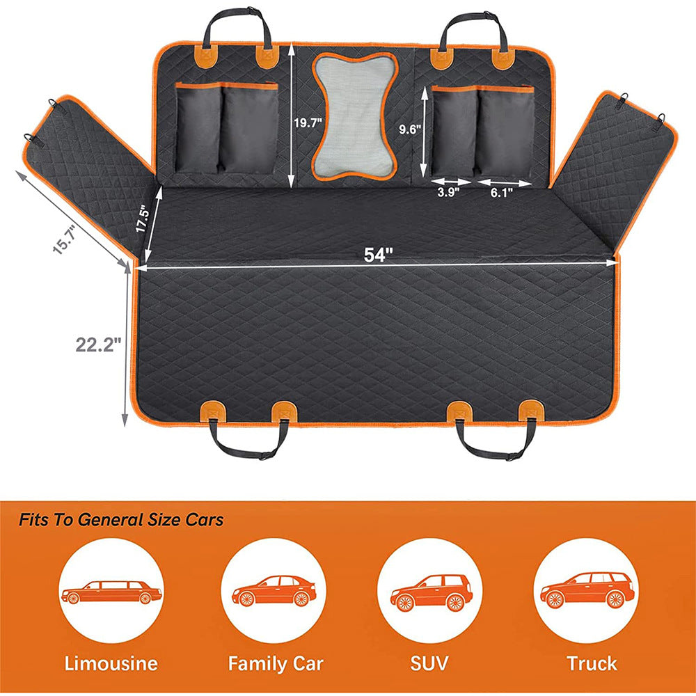 Heavy-Duty Dog Car Hammock - Waterproof Rear Seat Protector with Mesh Visual Window & Side Flaps - XL Universal Fit laid flat with dimensions and suitable for limousines, family cars, SUVs, and trucks.