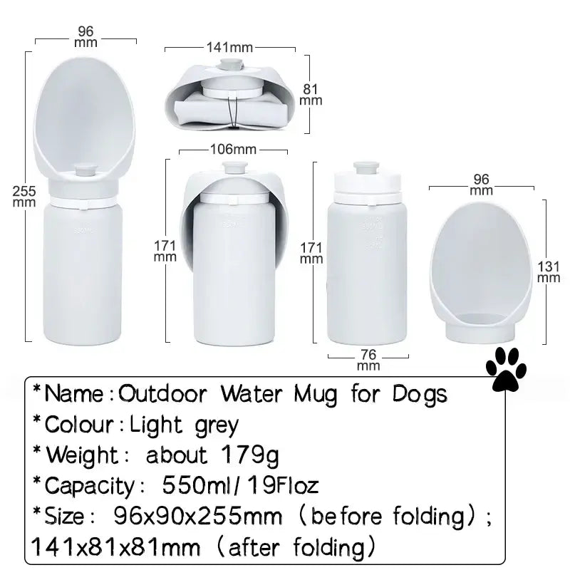 Soft Silicone Ultra-Compact Dispenser – 550ml Lightweight Minimalist Travel Bottle shown in light grey with measurements and foldable design for convenient outdoor water dispensing.