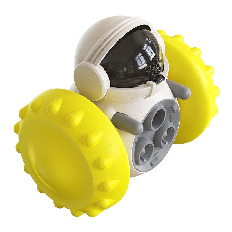 Interactive Tumbler Balance Car Feeder - Slow Feed Toy for Cats & Dogs designed as a durable, playful astronaut with large yellow textured wheels to engage pets during mealtime.