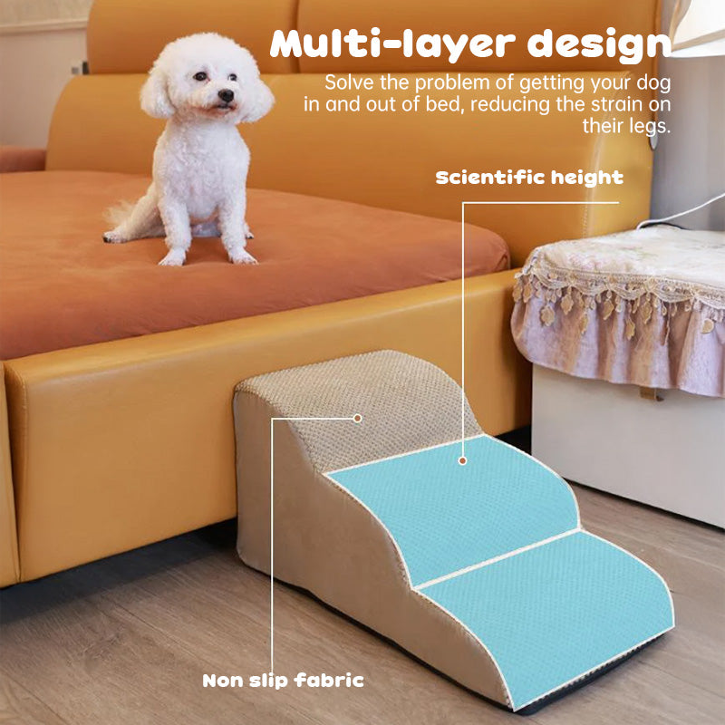 Orthopedic Curved Dog Ramp - High-Density Foam Pet Stairs for Small & Senior Pets - IVDD Safe shown with a small white dog on the couch, featuring multi-layer design, non-slip fabric, and ergonomic height for easy pet access.