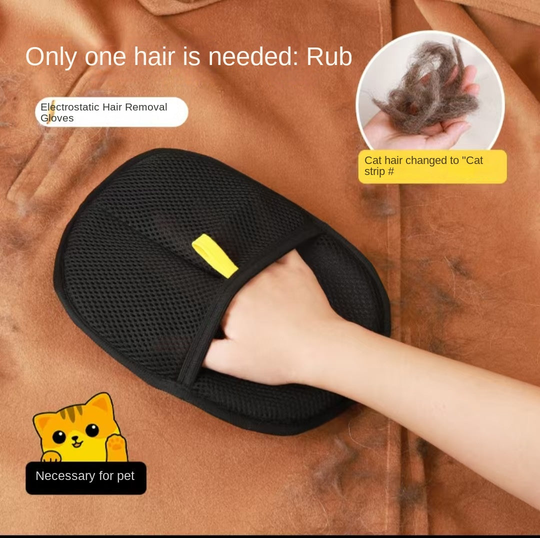 Hand wearing the Electrostatic Pet Hair Removal Glove - Bidirectional Grooming & Fabric Cleaner removing pet hair from a brown fabric surface, with a pile of collected hair shown nearby.