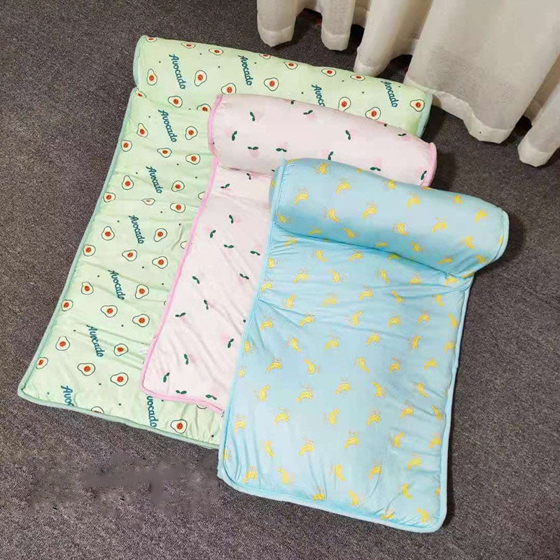 Three Boutique Ice-Silk Cooling Mat - Patterned Heatstroke Prevention Sleeping Beds in pastel colors with avocado, cactus, and banana prints, designed for comfort and cooling.