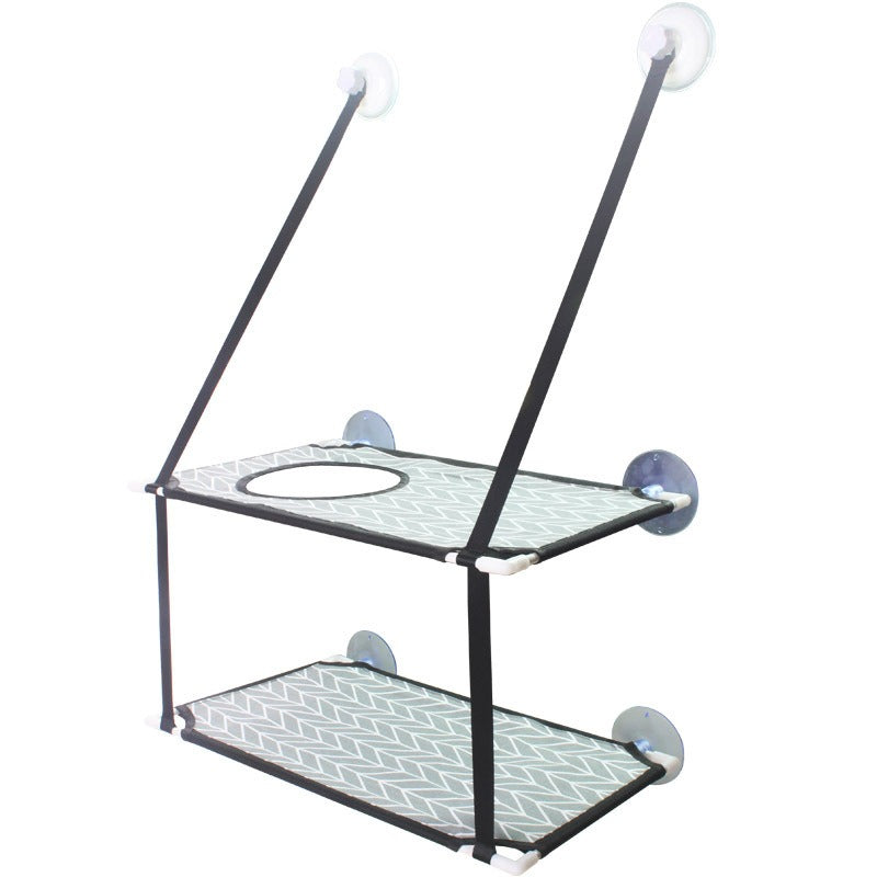 Double-Decker Cat Window Hammock - Multi-Level Sun Lounger & Space-Saving Glass-Mounted Perch featuring two cushioned levels with a circular cutout, supported by suction cups and straps for secure window mounting.