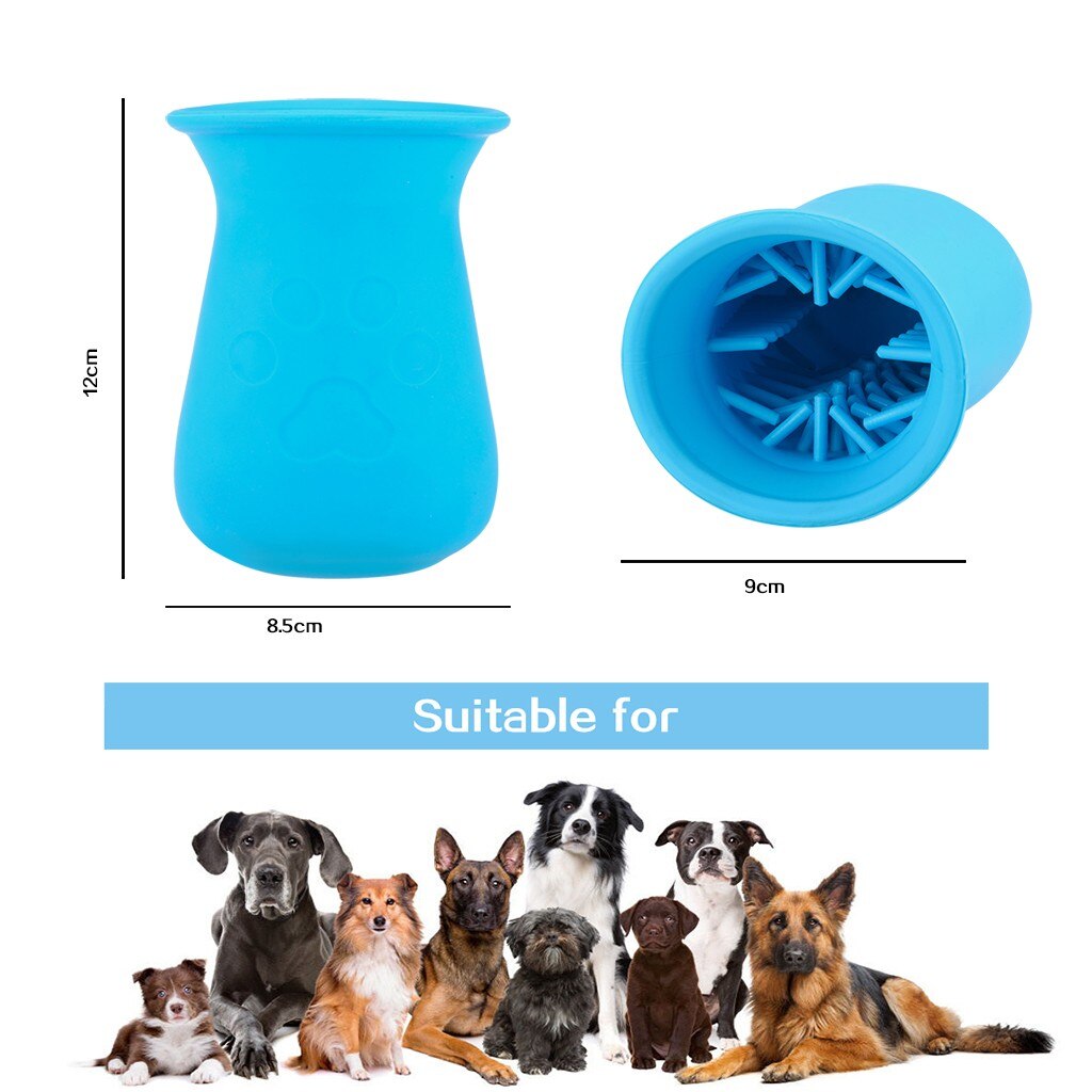 Soft Silicone 2-in-1 Dog Paw Cleaner & Grooming Brush in blue, designed for easy paw cleaning and gentle grooming, shown with size dimensions and various dog breeds.
