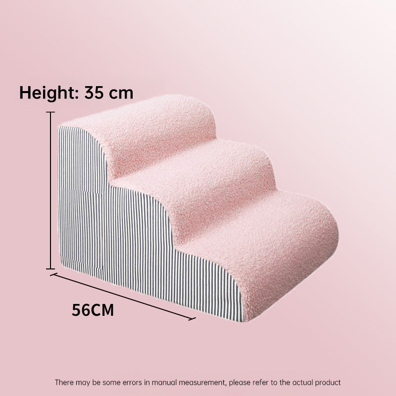Orthopedic Curved Dog Ramp - High-Density Foam Pet Stairs for Small & Senior Pets - IVDD Safe in pink with striped sides, measuring 35 cm high and 56 cm deep.