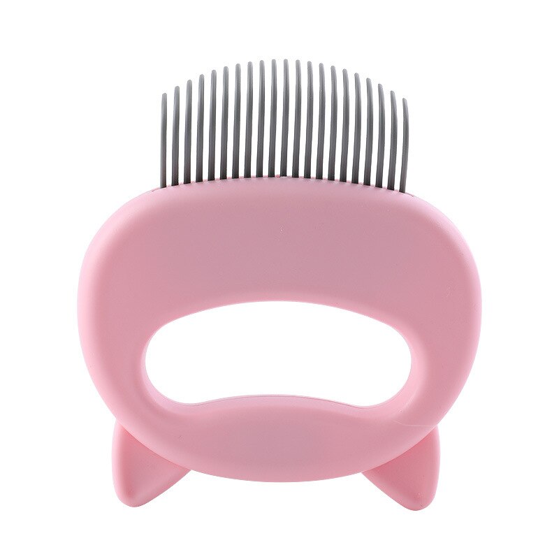 Feline Shell Massage Comb - Whisker-Friendly Soft-Needle Deshedding Tool in pink with an ergonomic handle and gentle metal needles designed for comfortable cat grooming.