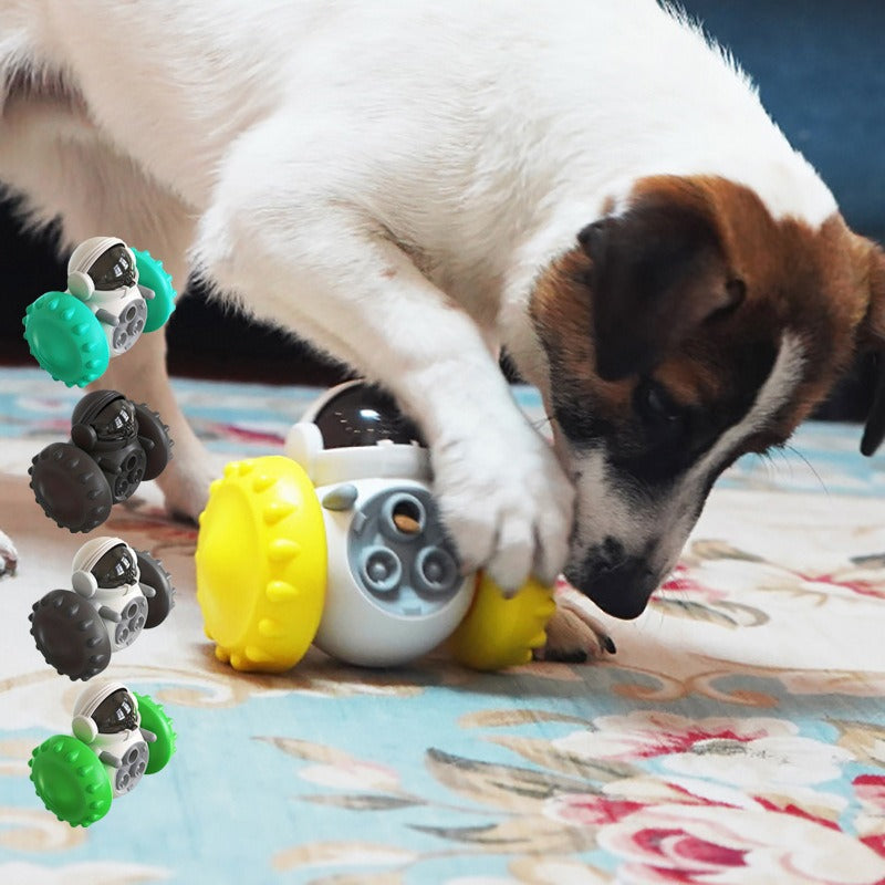 A dog playing with a yellow and white Interactive Tumbler Balance Car Feeder - Slow Feed Toy for Cats & Dogs on a patterned rug with small images of the toy in different colors on the side.