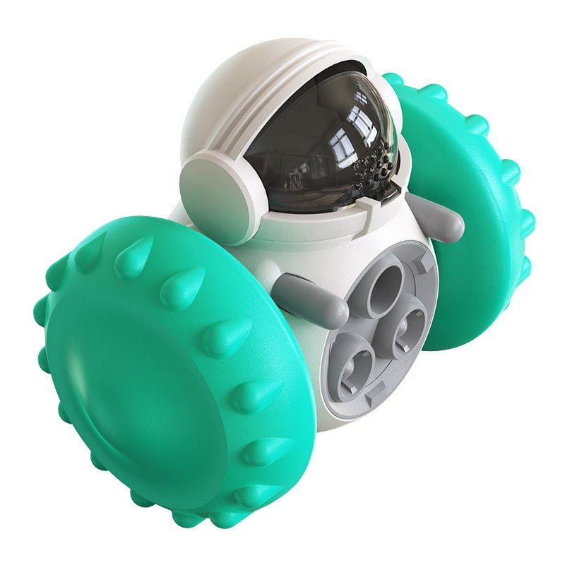 Interactive Tumbler Balance Car Feeder - Slow Feed Toy for Cats & Dogs designed with textured green wheels and a space helmet-shaped center to engage pets in playful feeding.