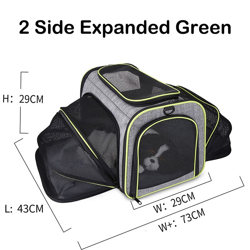Professional Mesh Adventure Backpack - Expandable High-Ventilation Travel Carrier in green with mesh panels, fully expanded side compartments, and front zippered entry for pet travel comfort and airflow.
